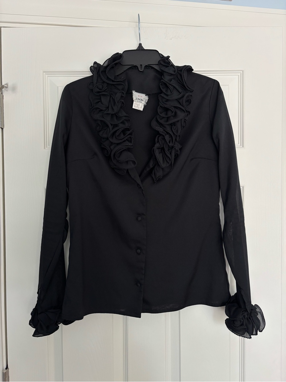 Vintage Malbe Black Ruffle-Trim Button Front Blouse